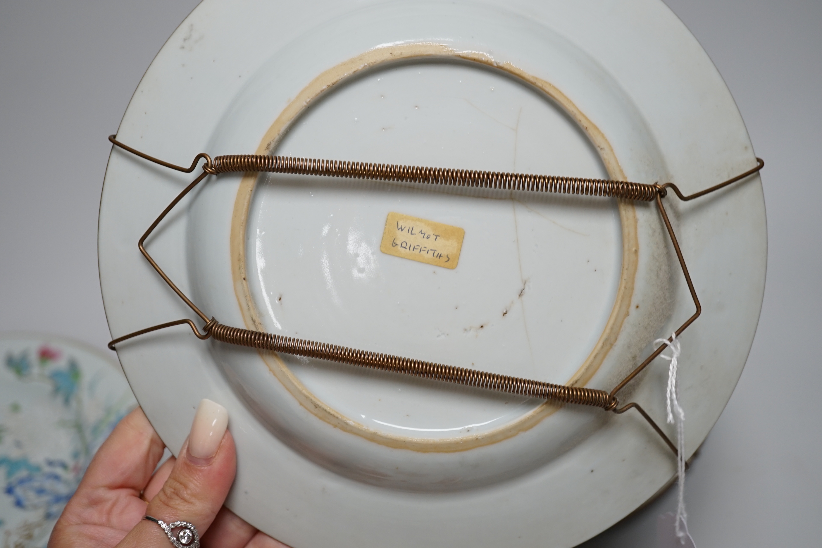 Three 18th Chinese export porcelain plates, 23cm and another plate U